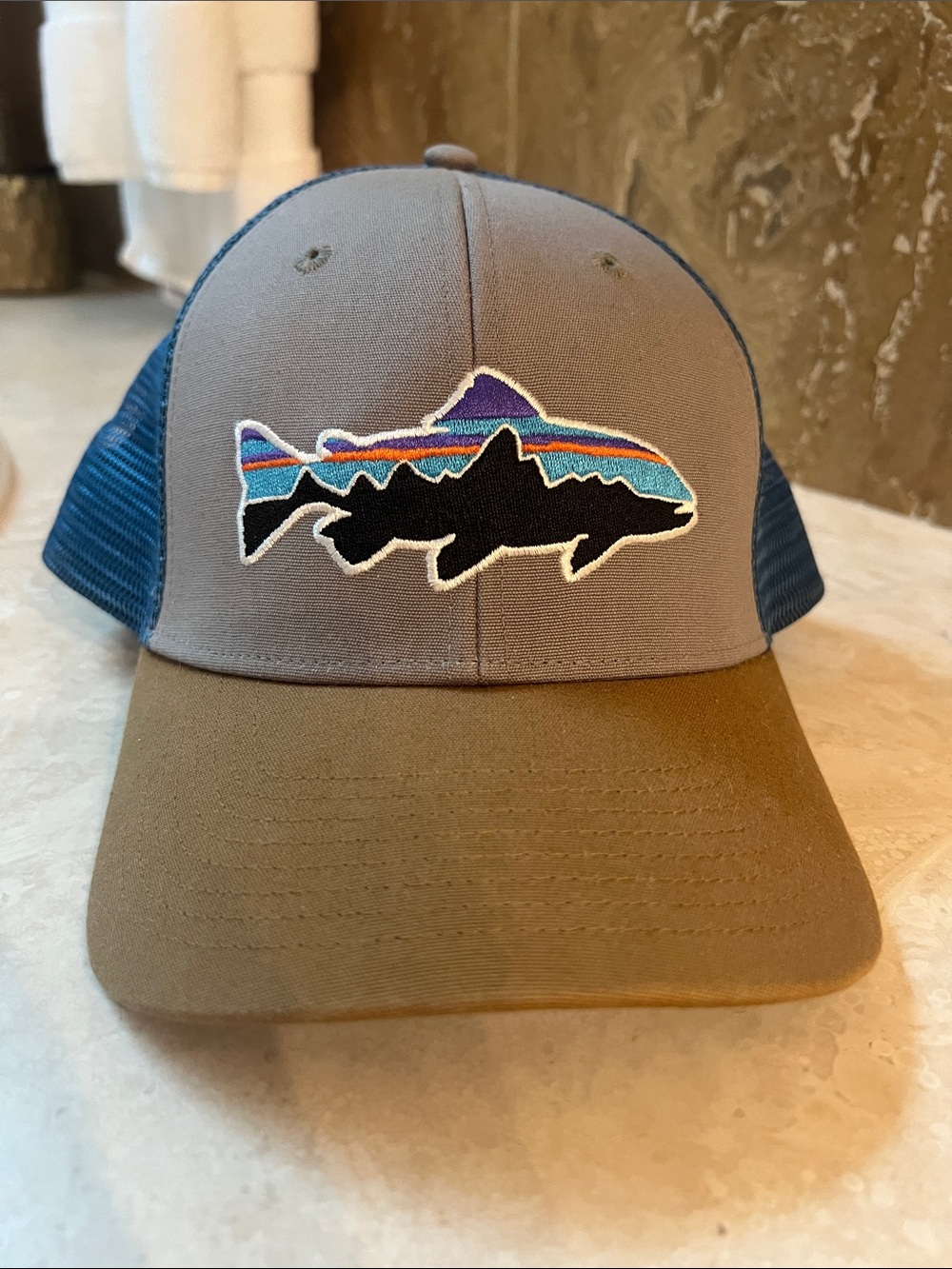 Patagonia Gray and Brown Mesh Trucker Hat with Multicolor Fish Patch